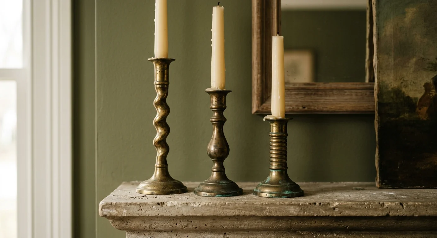 Three vintage brass candlesticks with cream taper candles sit on a stone mantel against an olive green wall.