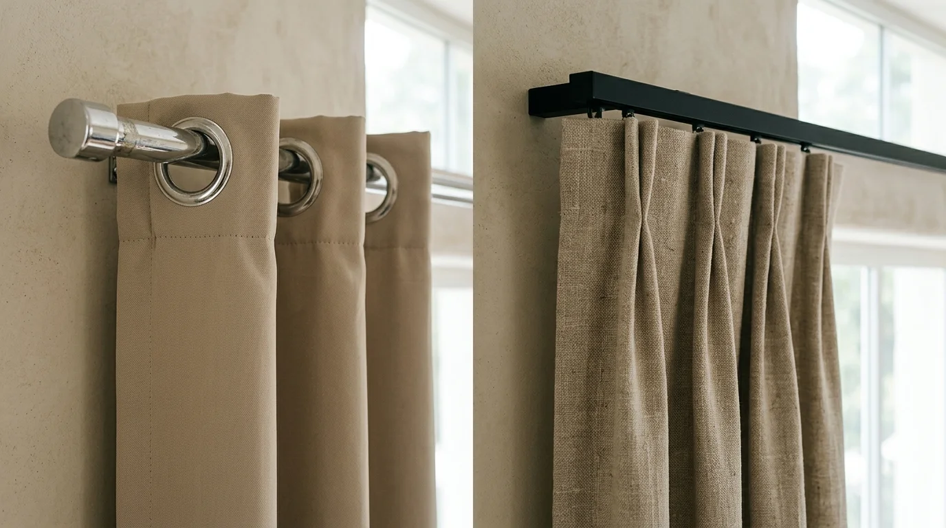 Side-by-side comparison of beige metal grommet curtains on a silver rod and pinch-pleat linen drapes on a black track.