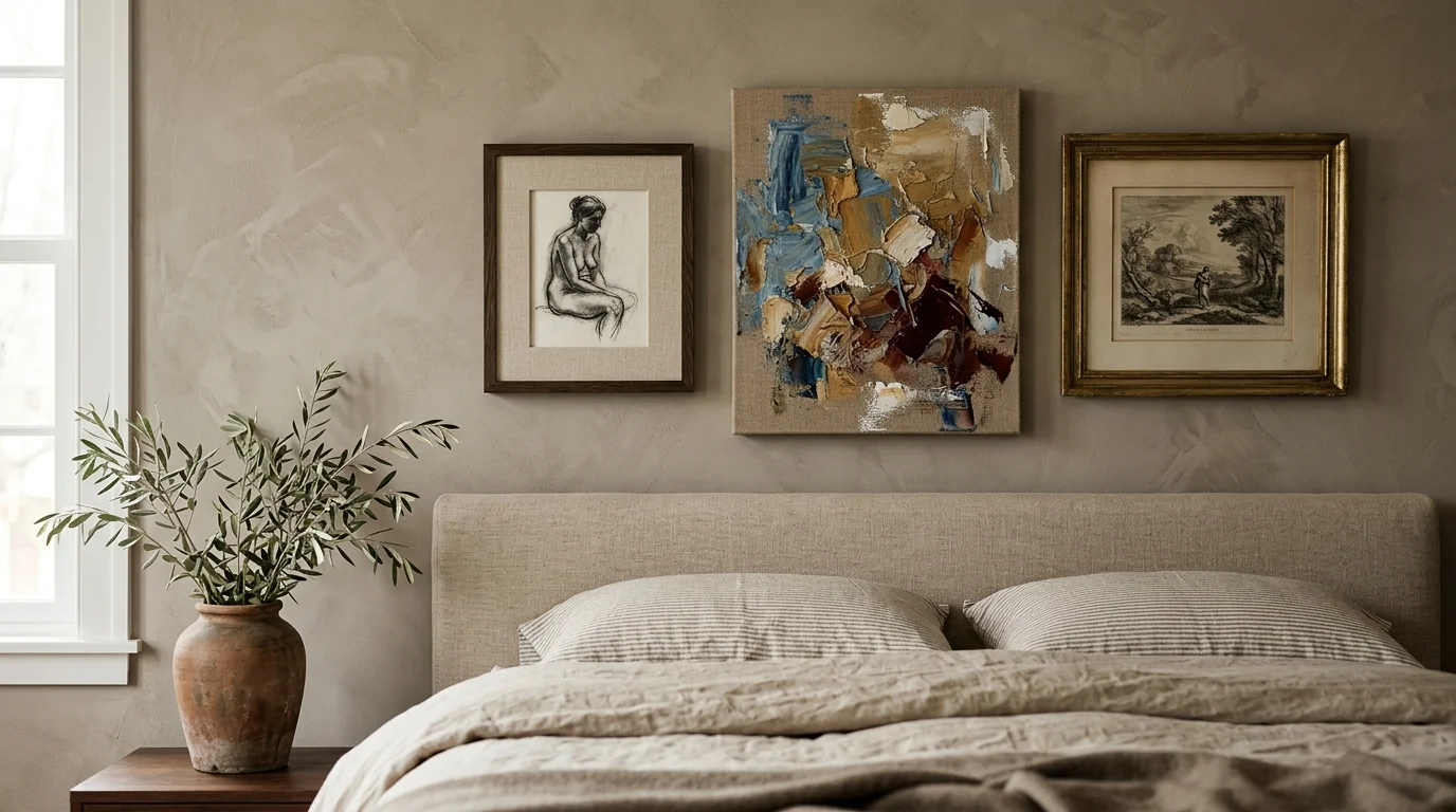 Three framed artworks with varied textures hung above an upholstered neutral bed beside a potted olive branch.