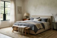 Neutral bedroom featuring an upholstered bed with slate gray linens, wooden bench, patterned area rug, and window.