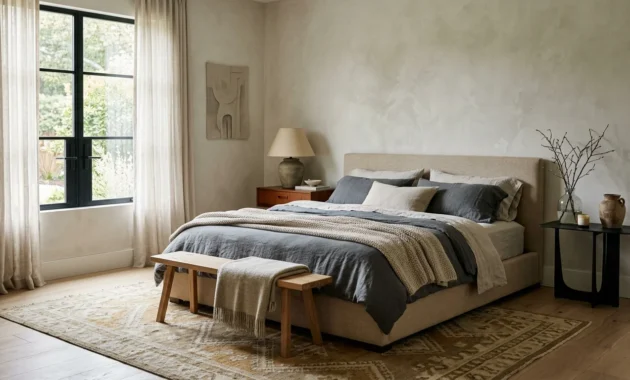 Neutral bedroom featuring an upholstered bed with slate gray linens, wooden bench, patterned area rug, and window.