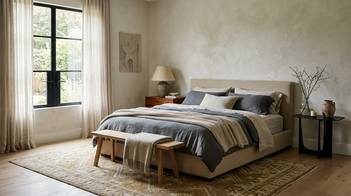 Neutral bedroom featuring an upholstered bed with slate gray linens, wooden bench, patterned area rug, and window.