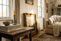 Rustic wooden side table holding art books and a candlestick beside an ornate framed painting and a neutral sofa.