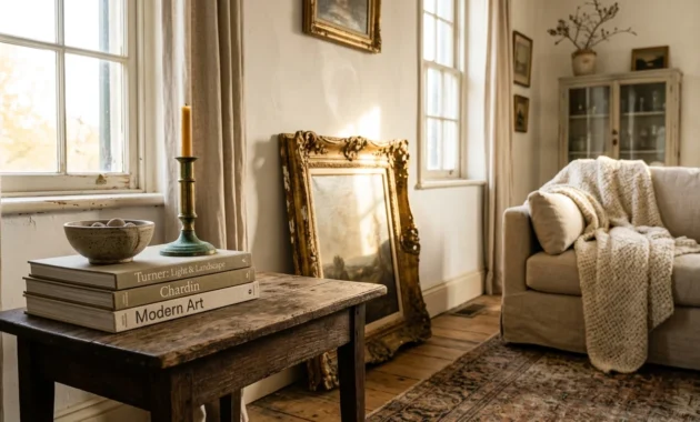 Rustic wooden side table holding art books and a candlestick beside an ornate framed painting and a neutral sofa.