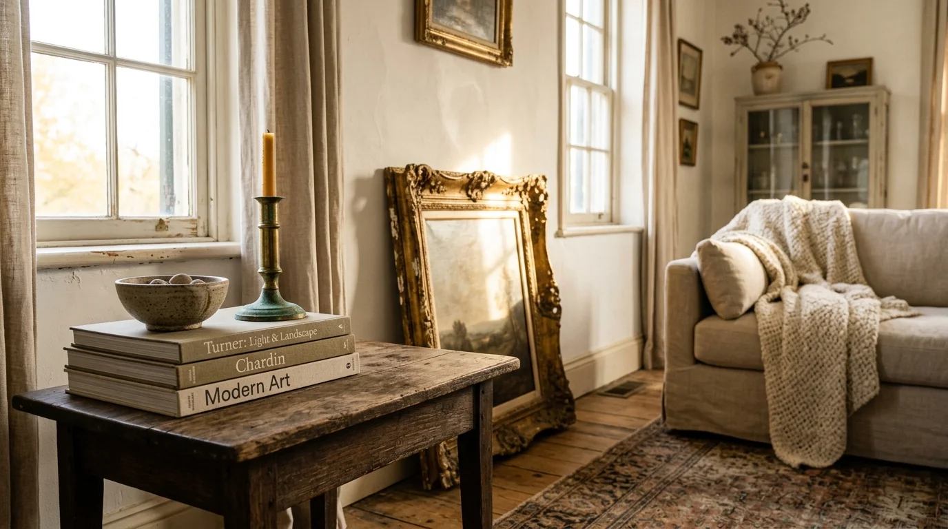 Rustic wooden side table holding art books and a candlestick beside an ornate framed painting and a neutral sofa.