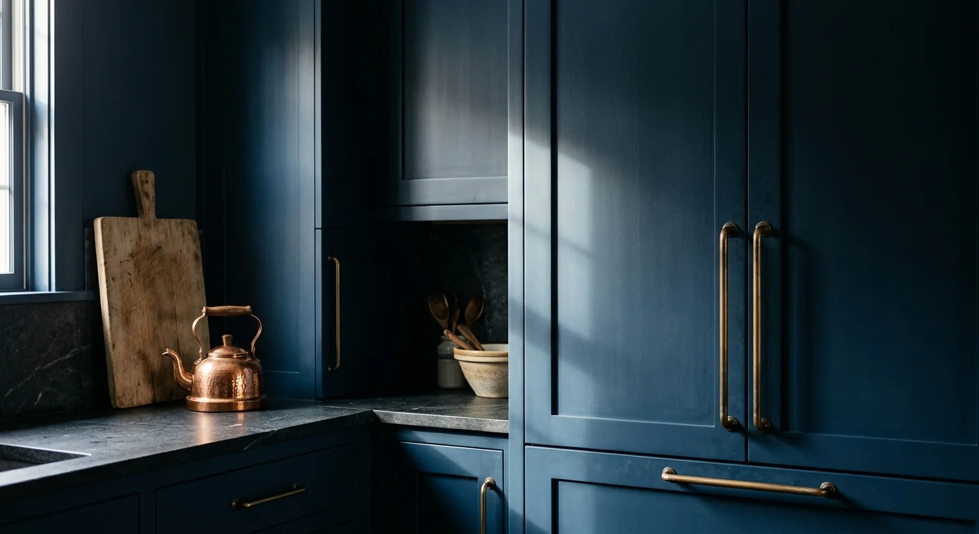Deep indigo blue pantry cabinets with antique bronze handles in dramatic, moody morning light.