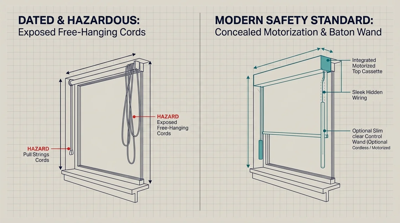 Diagram comparing hazardous exposed curtain cords to modern motorized cassettes and cordless control wands.