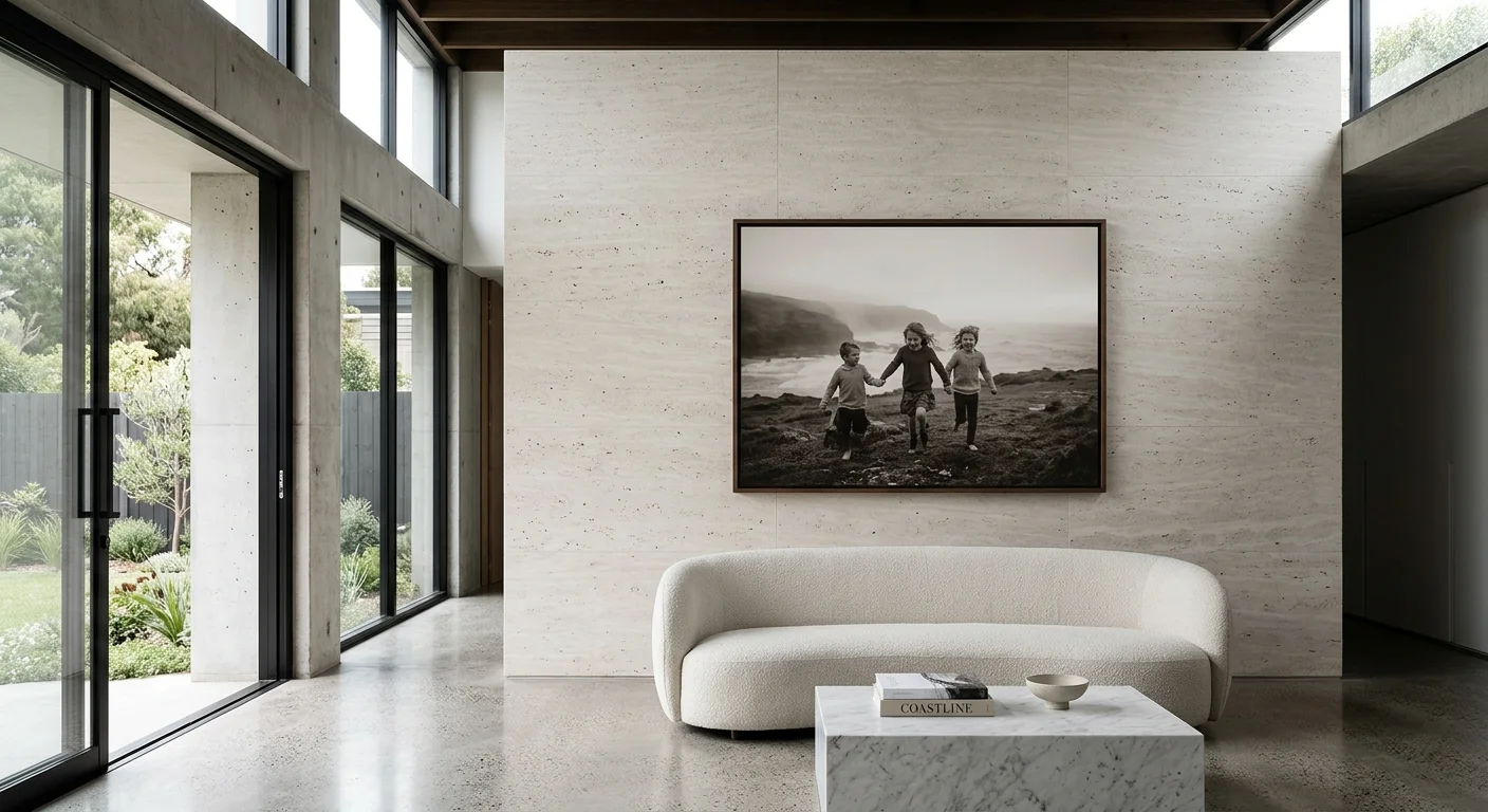 Large black-and-white photo of children above a curved white sofa in a minimalist living room with concrete accents.