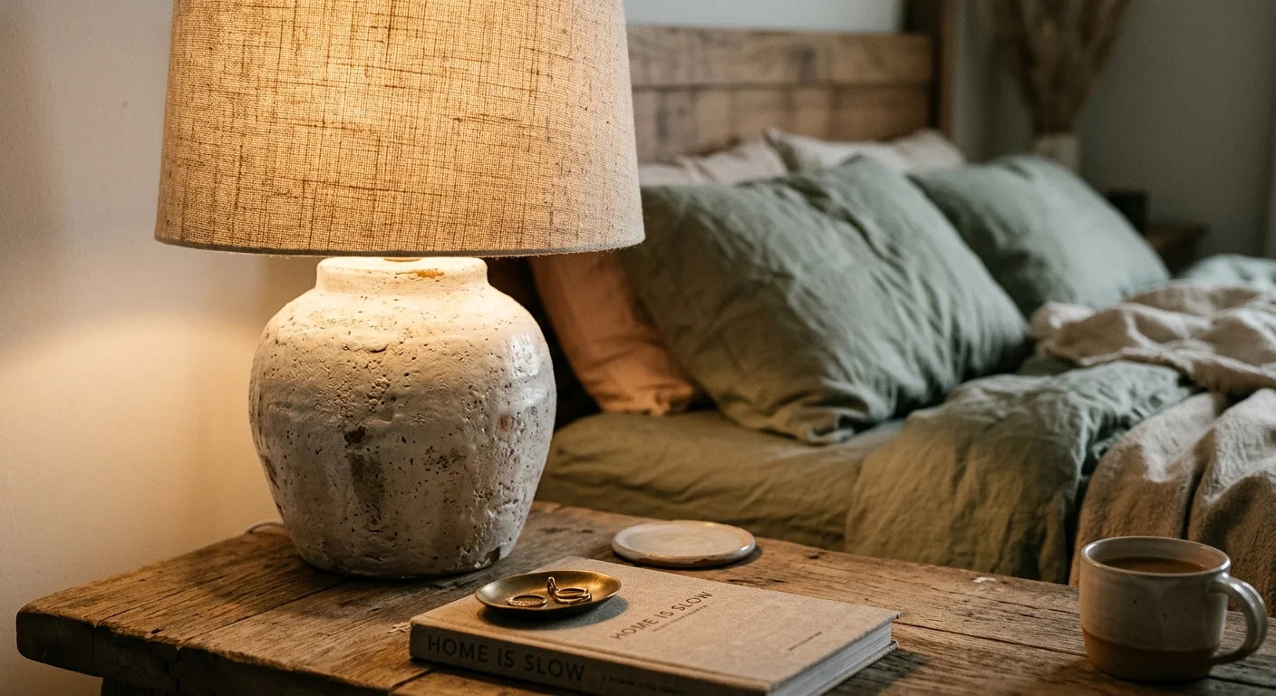 Editorial close-up photograph of a hand-thrown ceramic lamp with a coarse linen shade glowing warmly on a rustic wood nightstand.