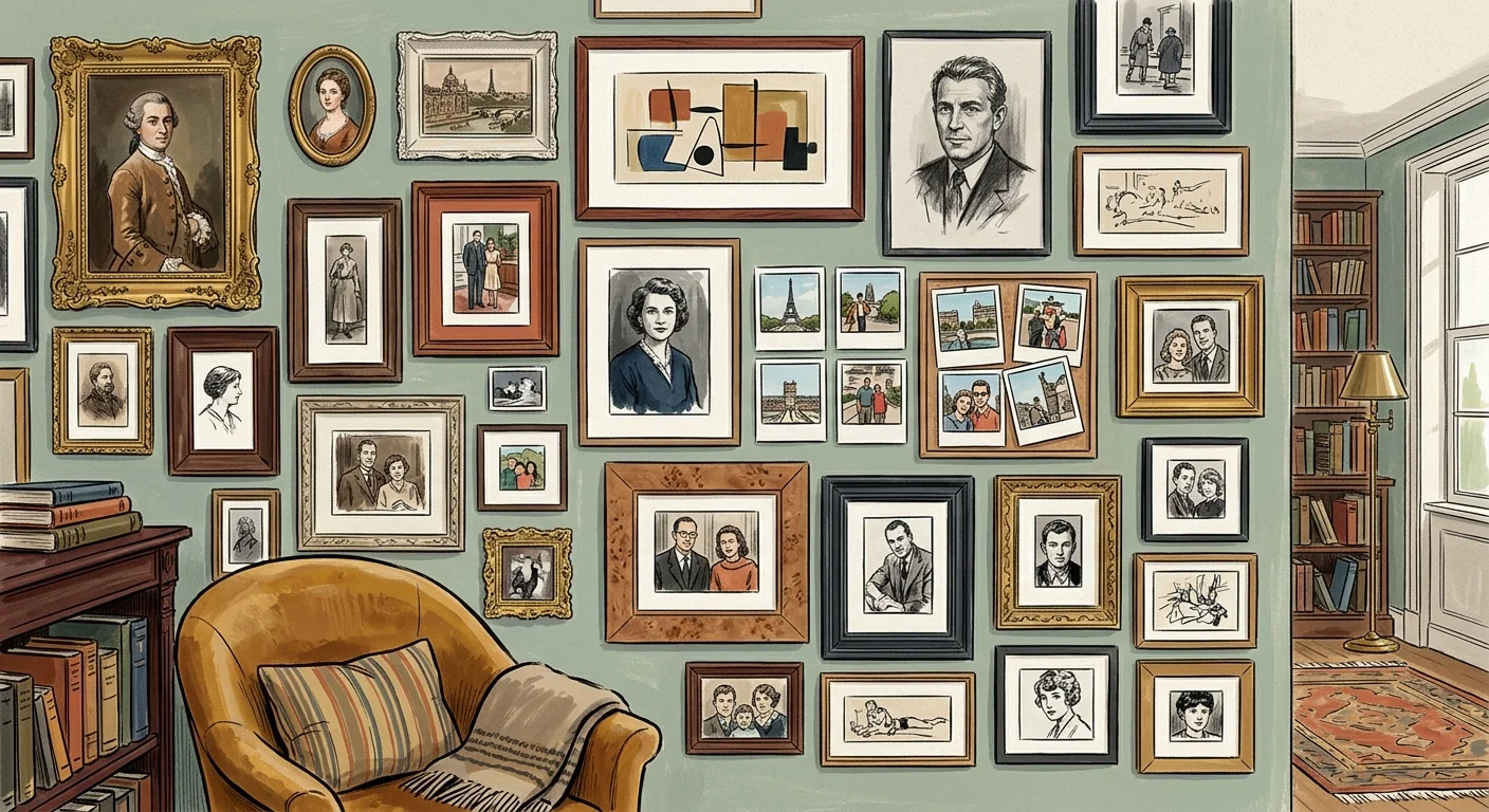 Gouache illustration of an eclectic gallery wall with diverse framed family portraits above an armchair and bookcase.