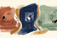 Editorial illustration of a home cross-section showing rooms decorated in terracotta, indigo, and sage green according to color psychology.