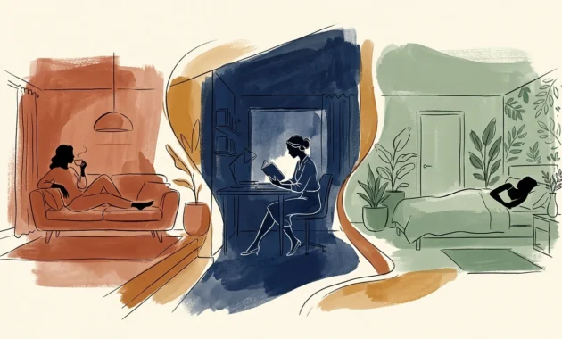Editorial illustration of a home cross-section showing rooms decorated in terracotta, indigo, and sage green according to color psychology.