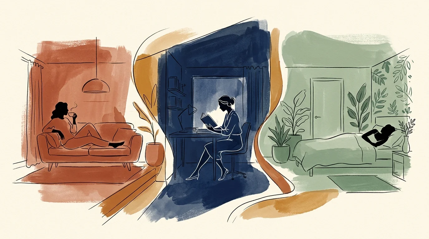 Editorial illustration of a home cross-section showing rooms decorated in terracotta, indigo, and sage green according to color psychology.