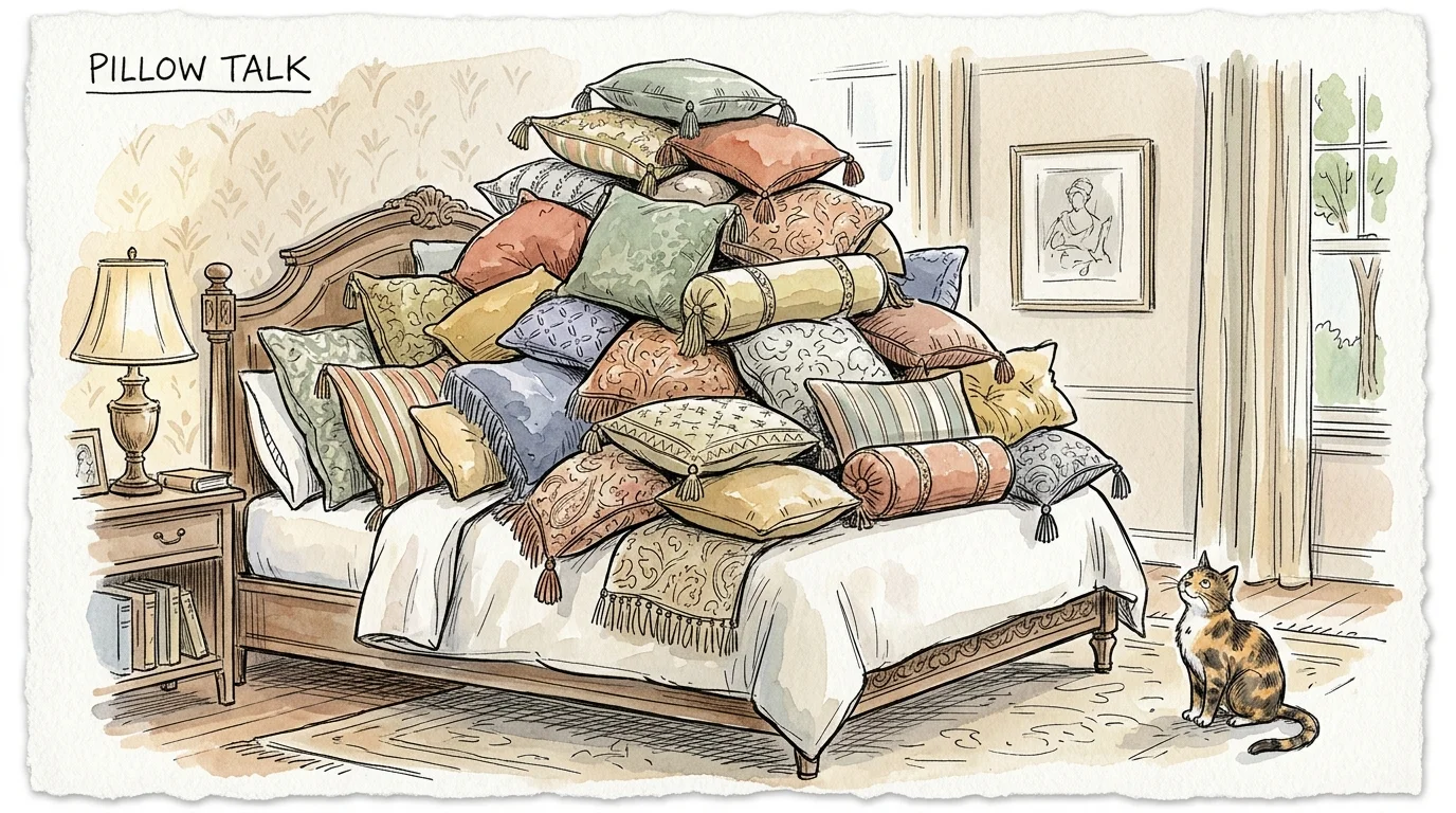 A bed piled high with an oversized mound of decorative cushions beside a calico cat sitting on a rug.