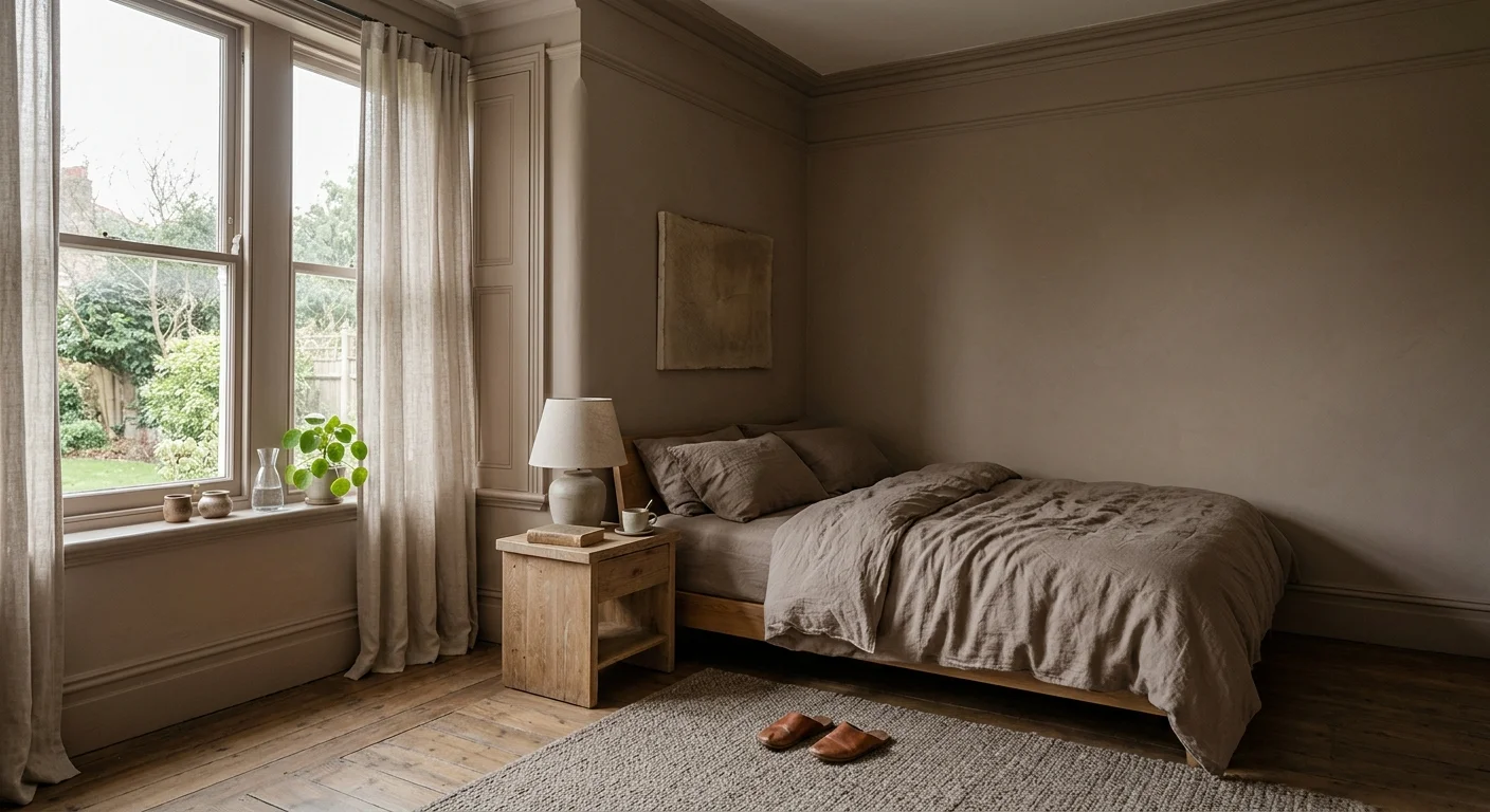 Editorial photo of a bedroom painted in a seamless, matte mushroom-taupe tone-on-tone scheme.