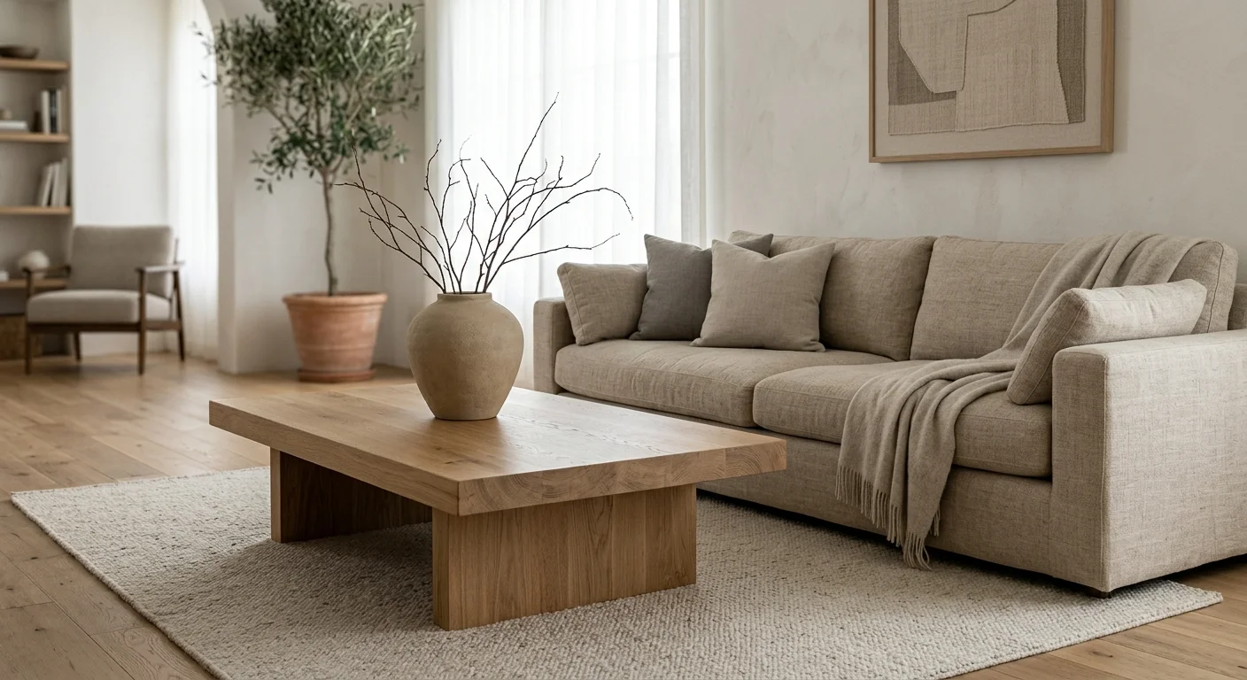 Editorial photo of a living room featuring a large linen sofa and an oversized ceramic vase.
