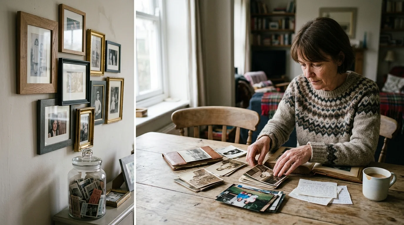 A split image of framed gallery wall photos alongside a woman seated at a wooden table sorting through old photographs.