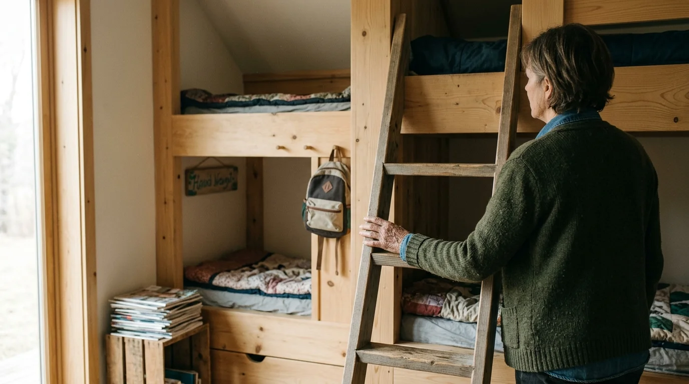 Woman in a green sweater holding a wooden ladder leading up to built-in wooden bunk beds.