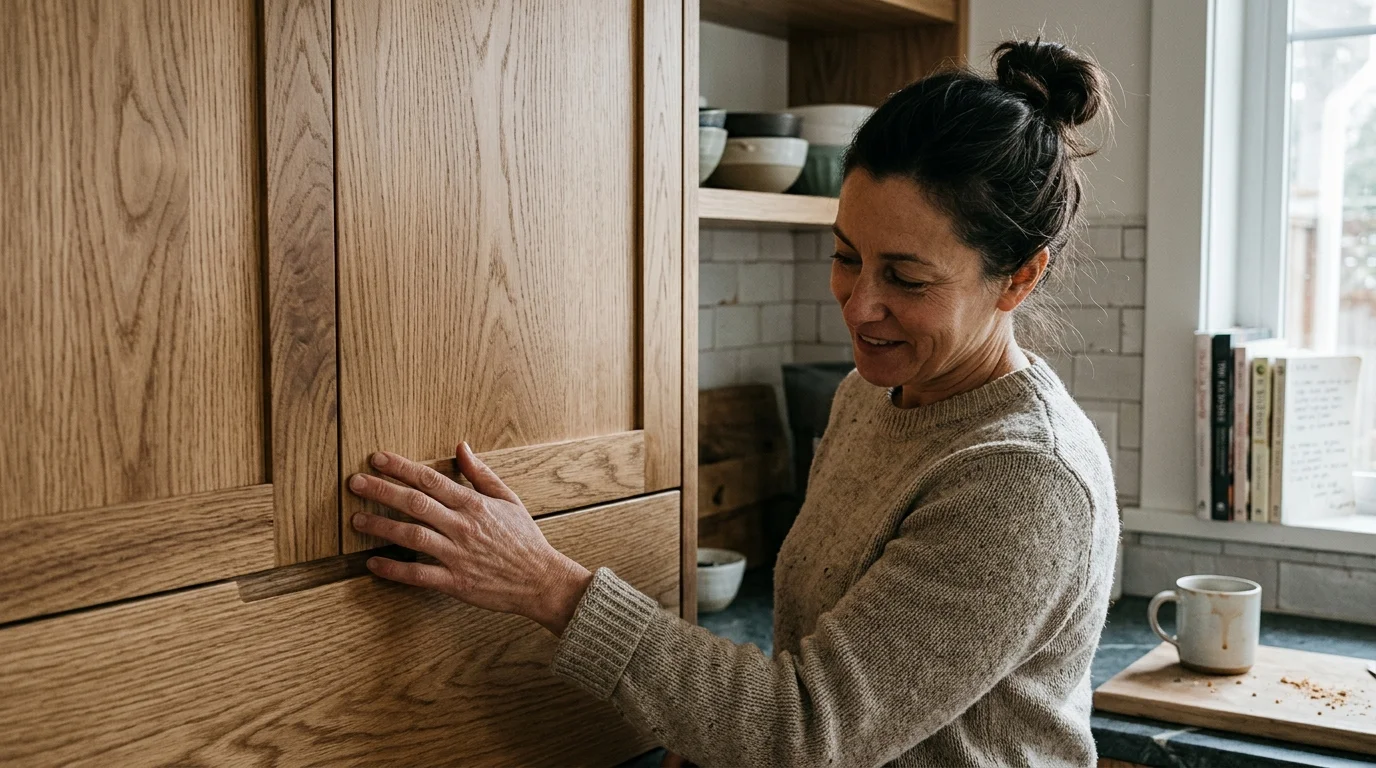 Editorial photograph illustrating: Trend #1: Warm Wood Cabinetry and Expressive Grain