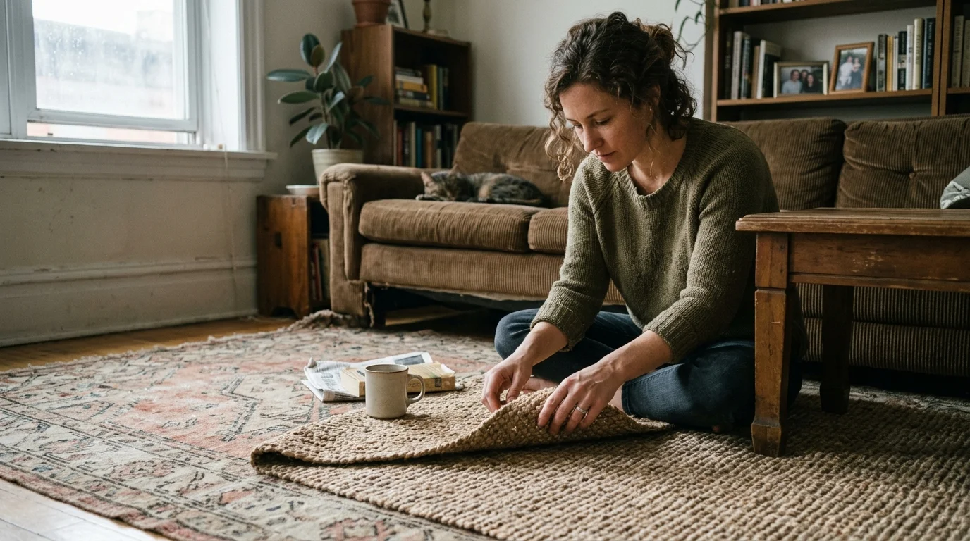 Editorial photograph illustrating: Trend #5: Layered Zonal Foundation Rugs