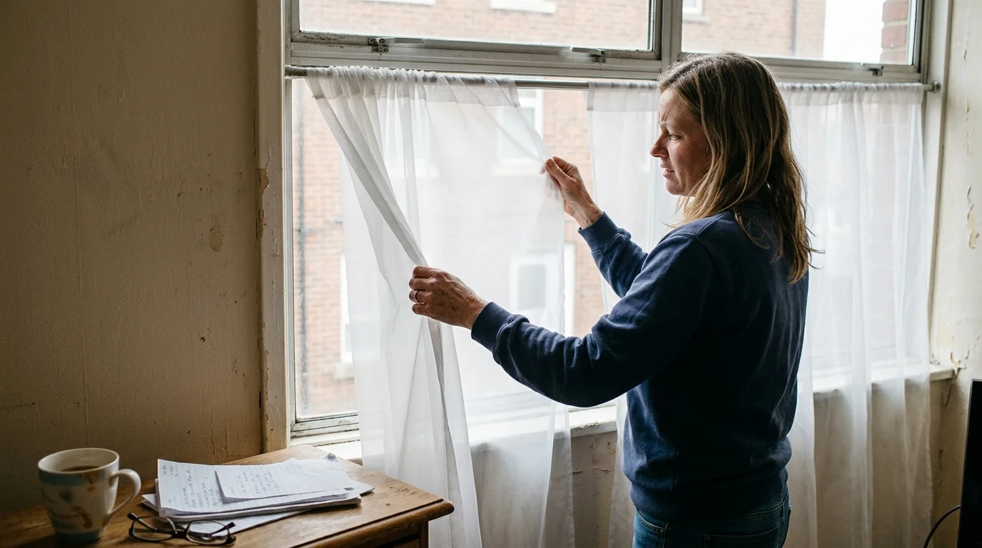 A woman pulls thin, sheer white curtains across a window in a room with peeling paint on the wall.