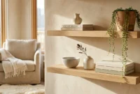 Editorial photograph of beautifully styled white oak floating shelves with ceramics and a trailing plant in warm morning light.