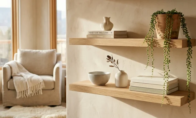 Editorial photograph of beautifully styled white oak floating shelves with ceramics and a trailing plant in warm morning light.