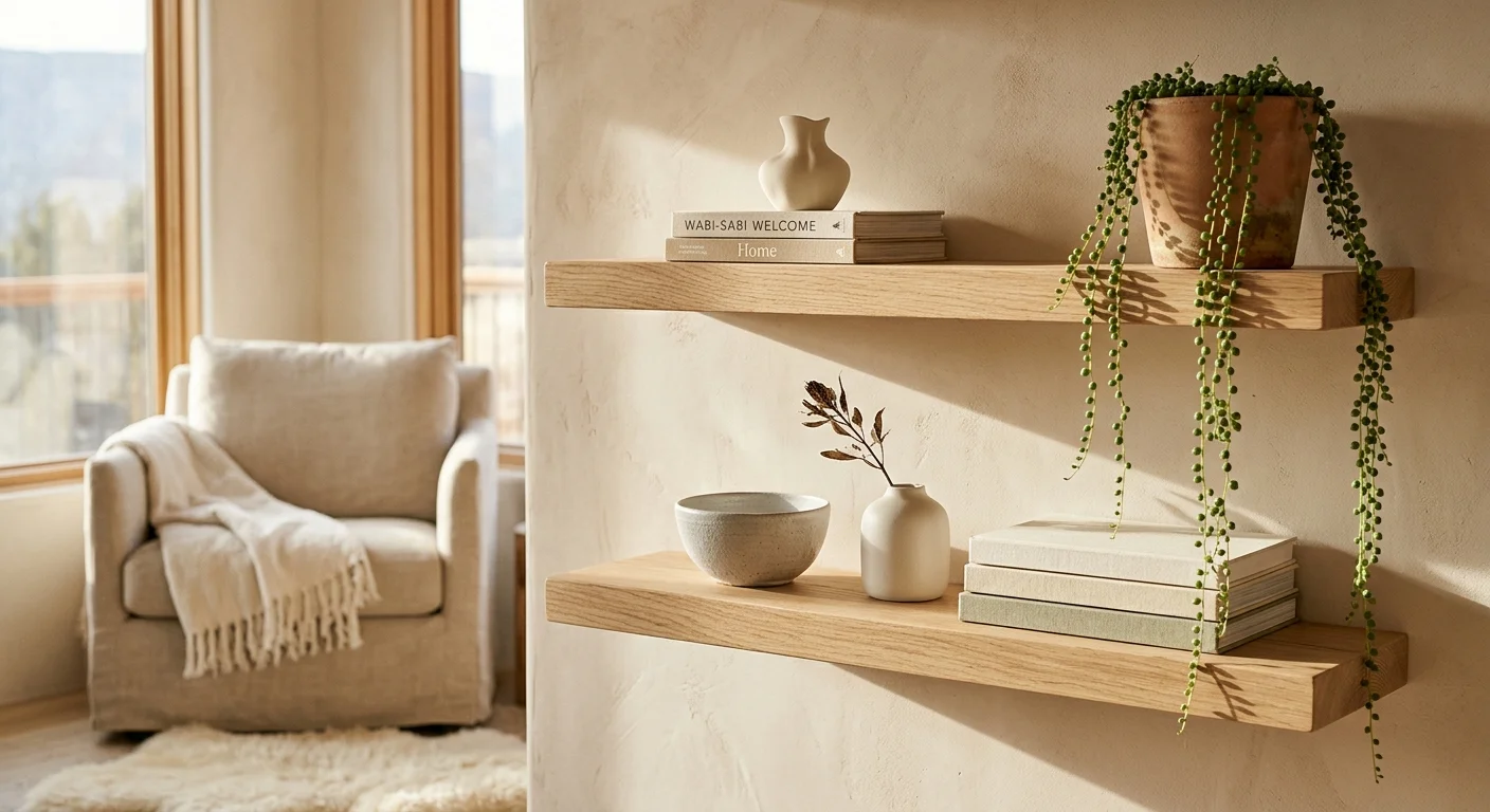 Editorial photograph of beautifully styled white oak floating shelves with ceramics and a trailing plant in warm morning light.