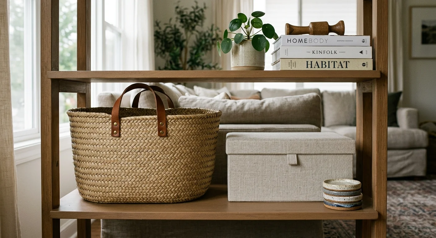 Editorial photograph of lower shelves holding a woven seagrass basket and a linen storage box for elegant concealment.