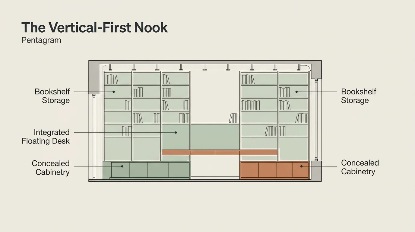 Elevation diagram showing a floor-to-ceiling modular wall unit with an integrated workspace and storage.