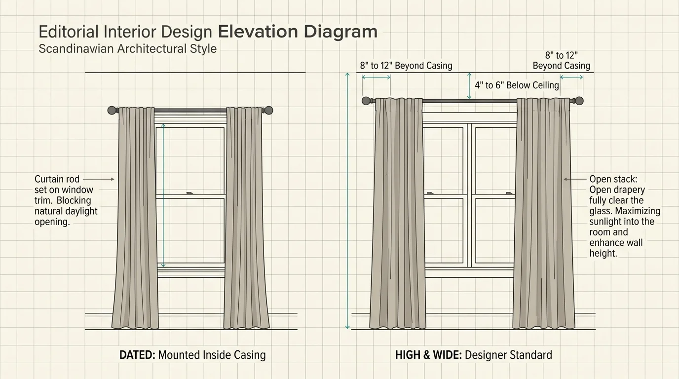 Diagram comparing dated curtain rods mounted on window trim versus designer high and wide placement.