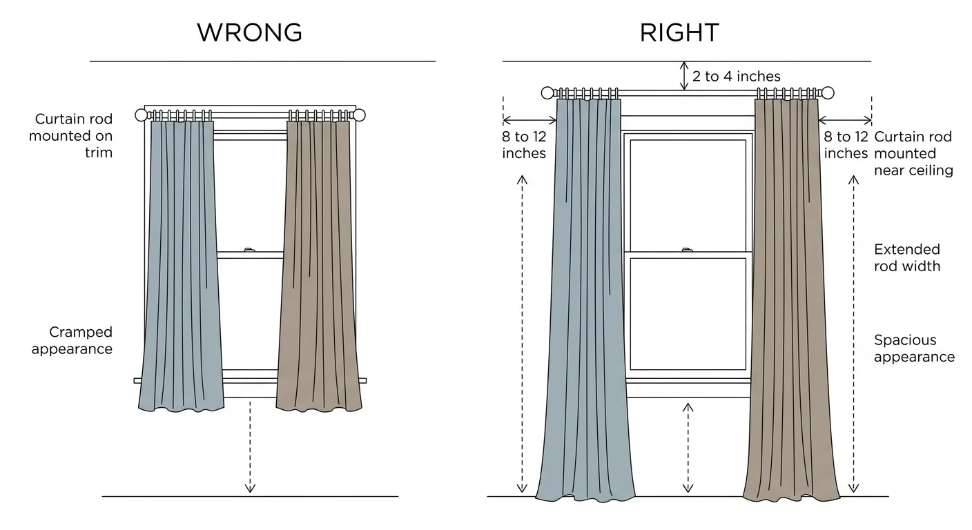 Elevation diagram showing proper drapery rod placement high and wide above a window frame.