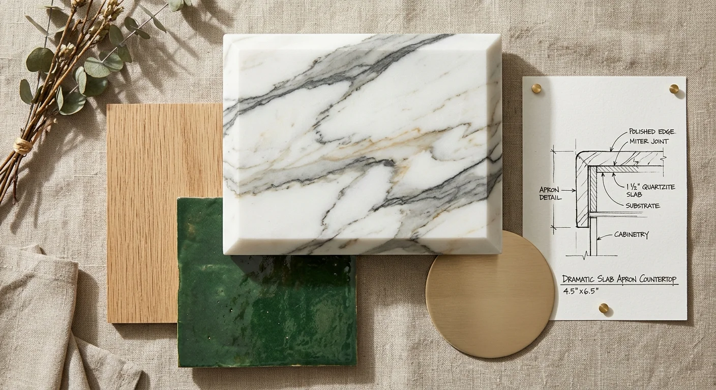 Flat-lay mood board collage featuring a dramatic veined quartzite slab sample, white oak wood, green tile, and brushed gold metal.