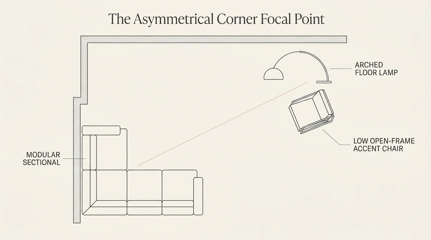 Floor plan diagram of a sectional sofa positioned in a corner, balanced by an accent chair on the opposite diagonal.