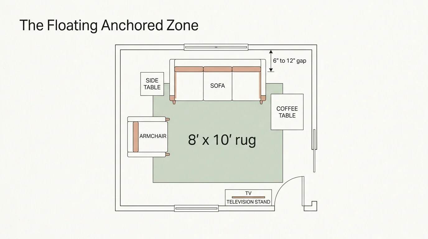 Floor plan diagram showing a sofa pulled 6 to 12 inches away from the wall, anchored on an 8 by 10 foot rug.