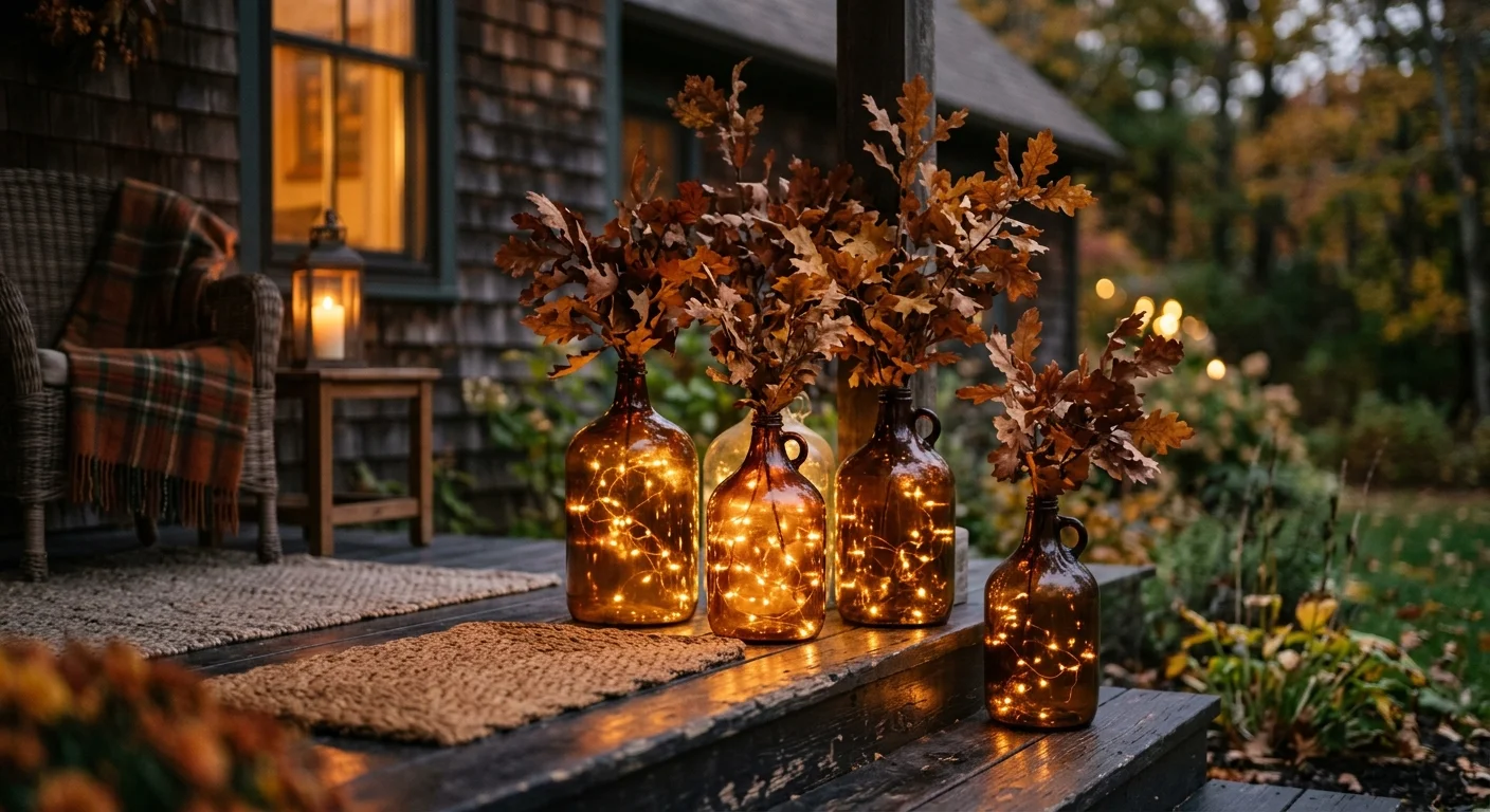 Glowing amber glass jugs filled with dried copper-colored autumn oak leaves on a dark wooden porch step at twilight.