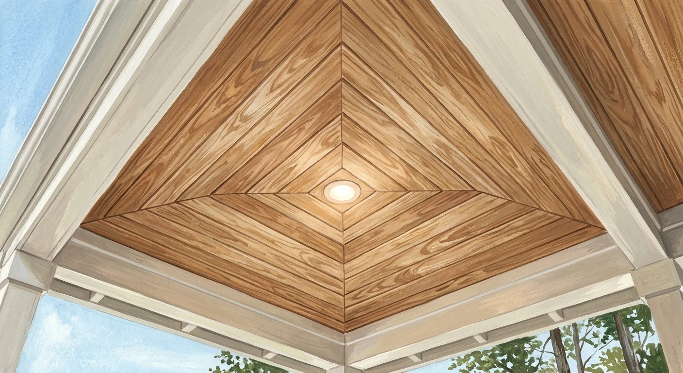 Gouache illustration looking up at a warm white oak tongue-and-groove beadboard porch ceiling with a glowing recessed light.