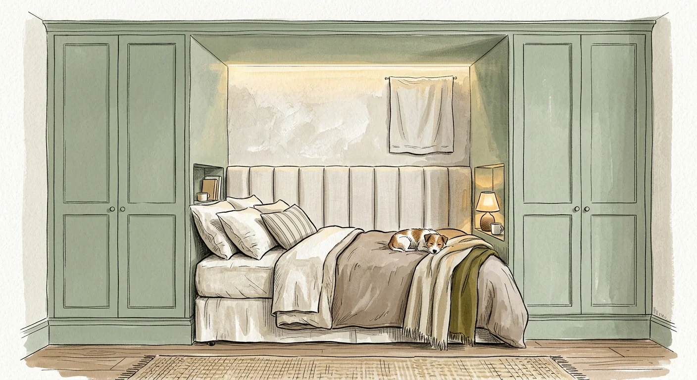 Gouache illustration of a bed tucked into a cozy sage green alcove flanked by built-in floor-to-ceiling wardrobes.