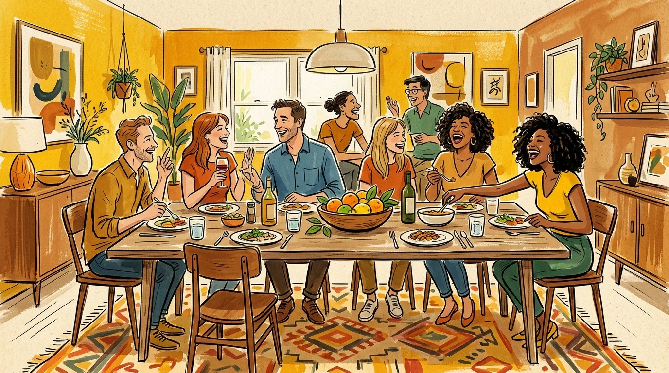 Gouache illustration of a dining room with warm ochre and honey yellow walls, where stylized figures share a meal.