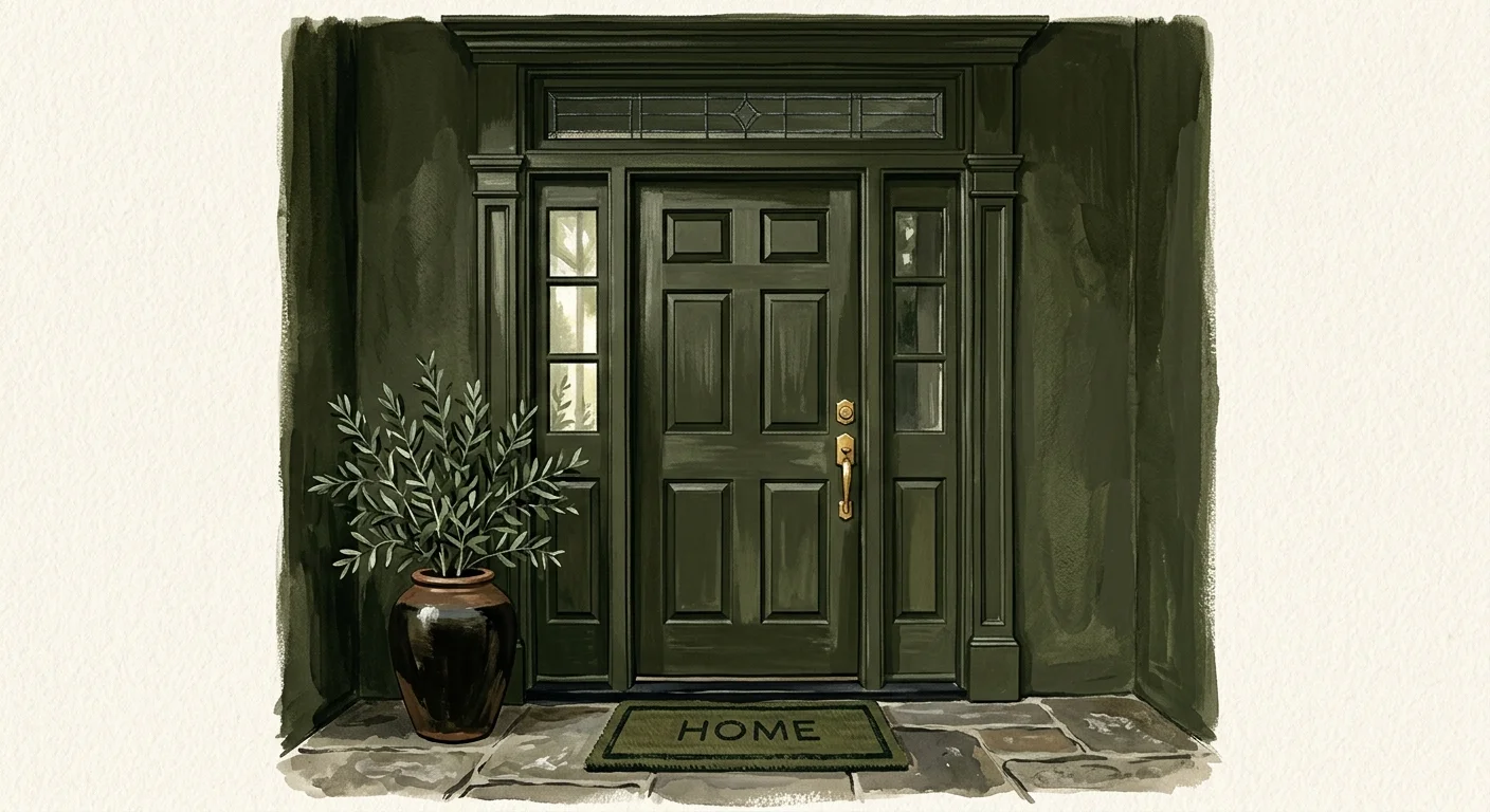 Gouache illustration of a front door and entryway entirely painted in a monochromatic deep forest olive green with brass hardware.