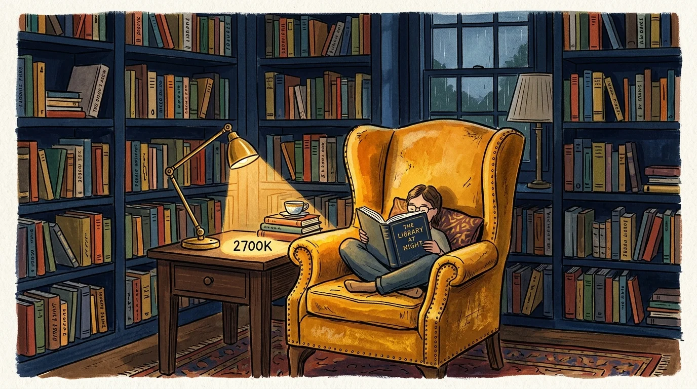 Gouache illustration of a moody navy blue library with a glowing golden ocher velvet armchair.