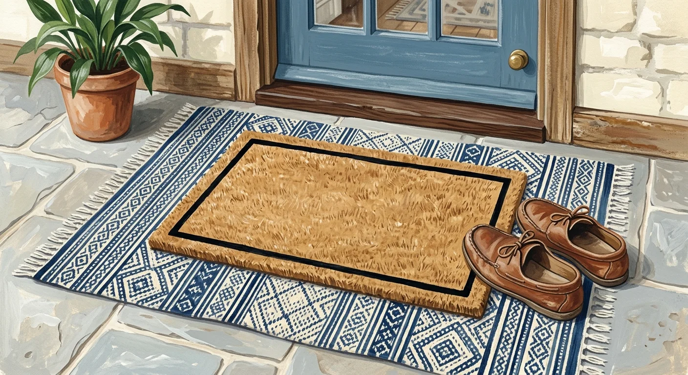 Gouache illustration of a natural coir doormat layered over a larger indigo-and-cream hand-woven flatweave rug on a stone floor.