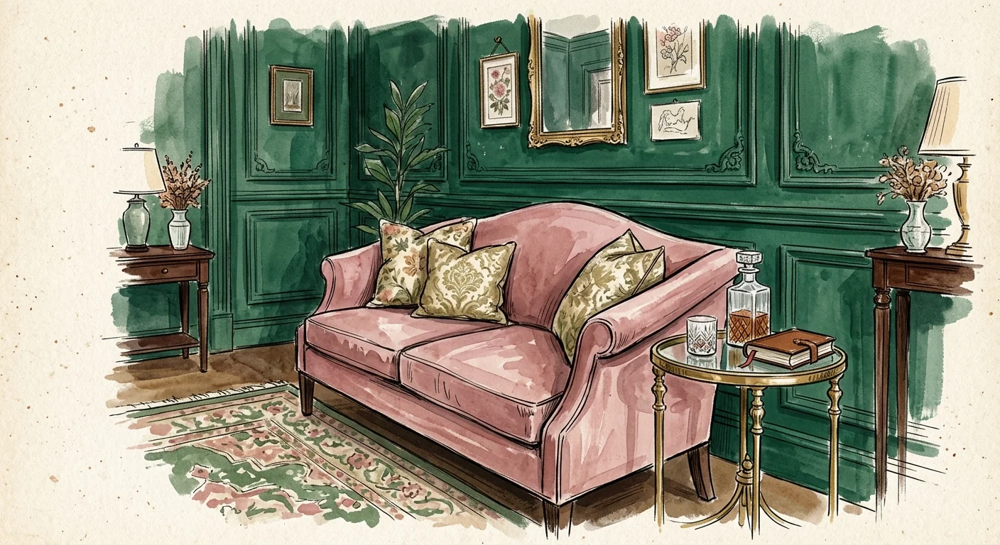 Gouache illustration of a plush dusty rose settee against elegant emerald green wood paneling.
