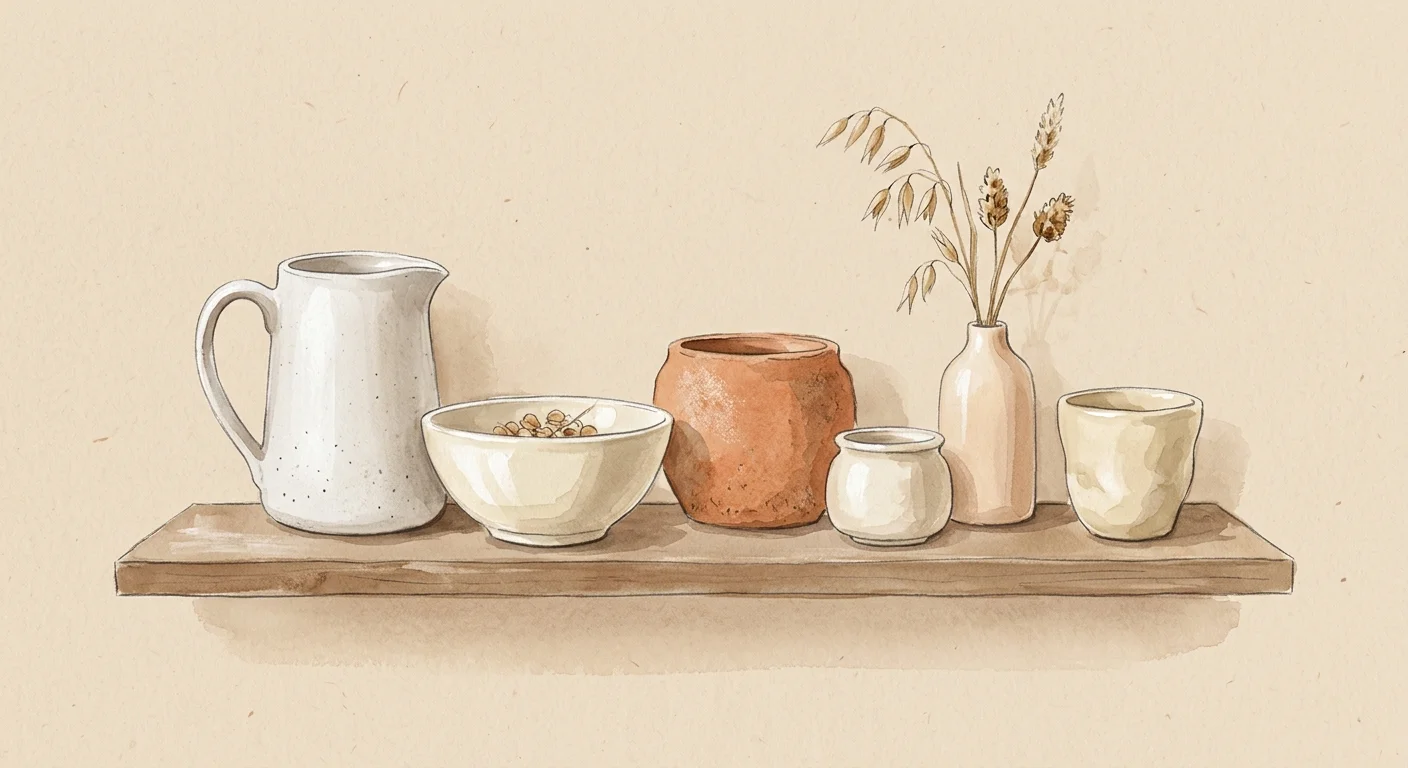 Gouache illustration of ceramic vessels in a cohesive, warm tone-on-tone palette of alabaster, terracotta, and cream.