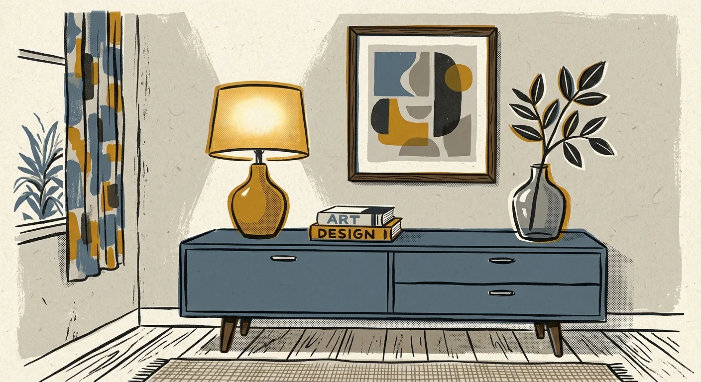 Graphic screenprint illustration of a slate blue credenza styled with a glowing mustard ochre lamp.