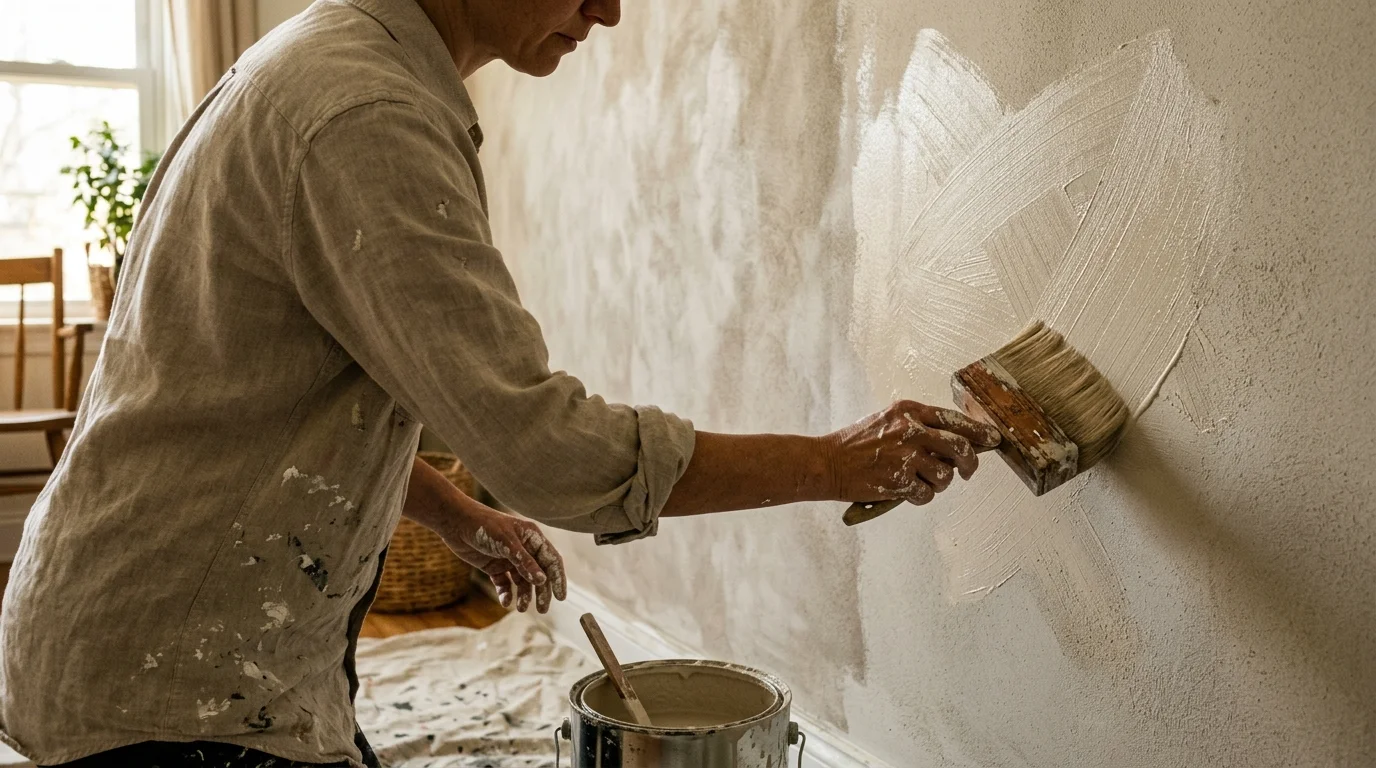 Hands applying a chalky greige limewash to a wall using a wide wooden brush in a cross-hatch pattern.