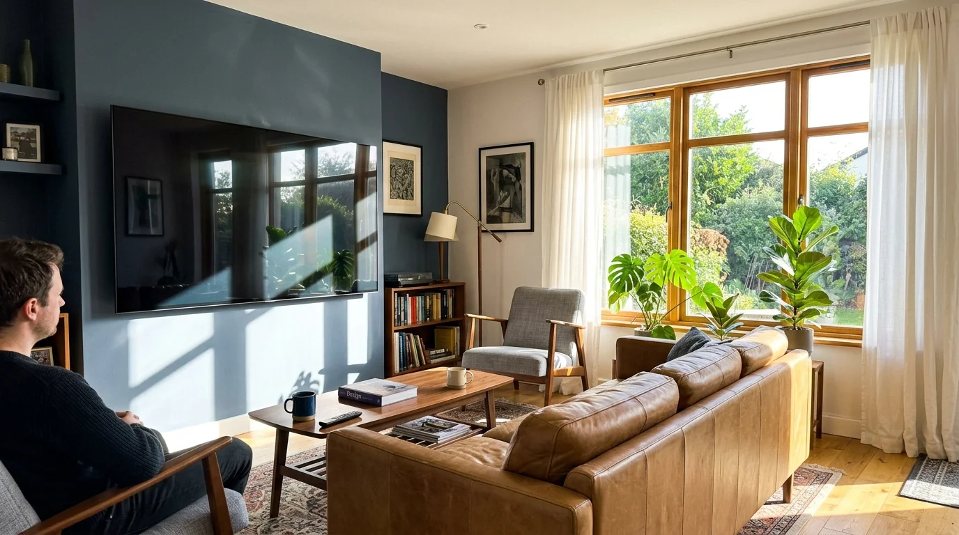 Harsh midday sunlight from a window reflecting directly across a dark television screen, causing high-contrast glare.