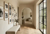 Black and white family portraits in wood frames on a hallway wall above a bench leading to an arched doorway.