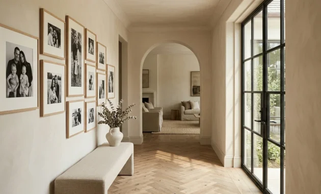 Black and white family portraits in wood frames on a hallway wall above a bench leading to an arched doorway.