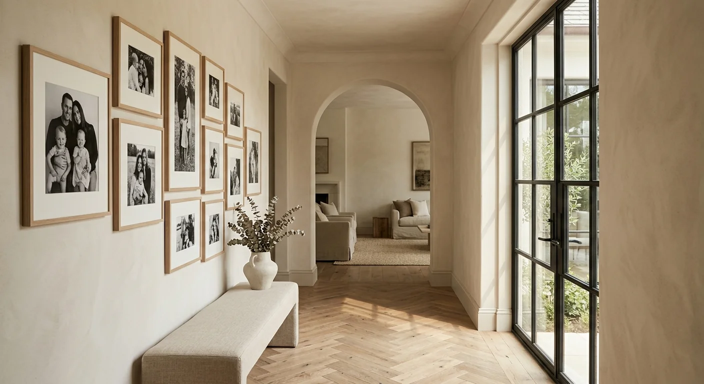 Black and white family portraits in wood frames on a hallway wall above a bench leading to an arched doorway.